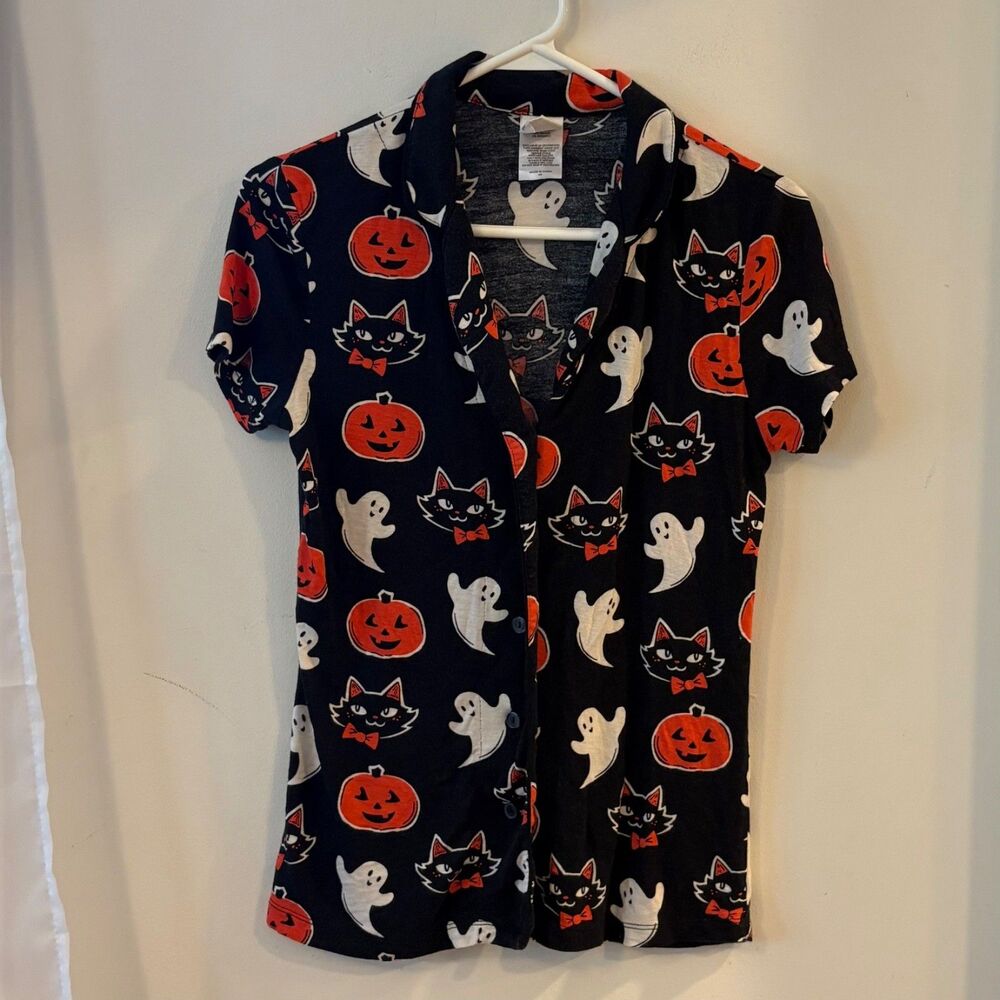 Retro Inspired Halloween Soft PJ Top Size XS Cats, Ghosts, Pumpkins Nite-Nite